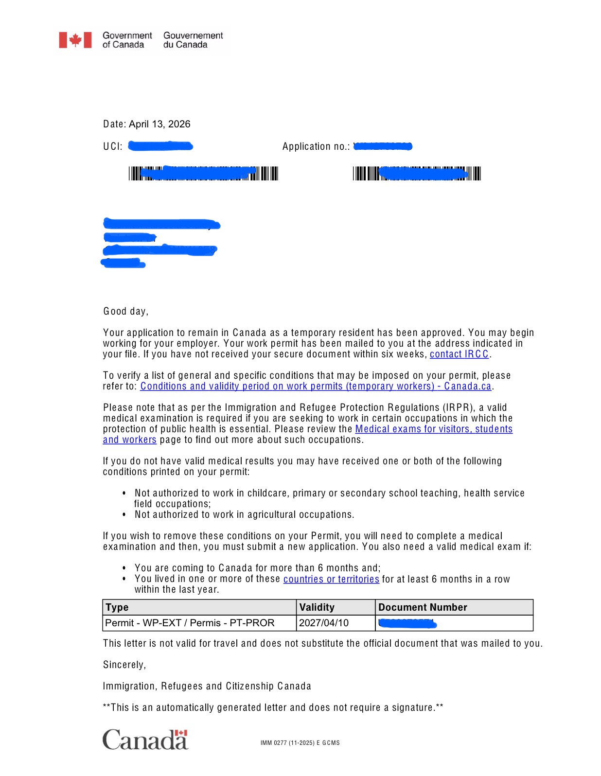 Official approval letter from Immigration Canada